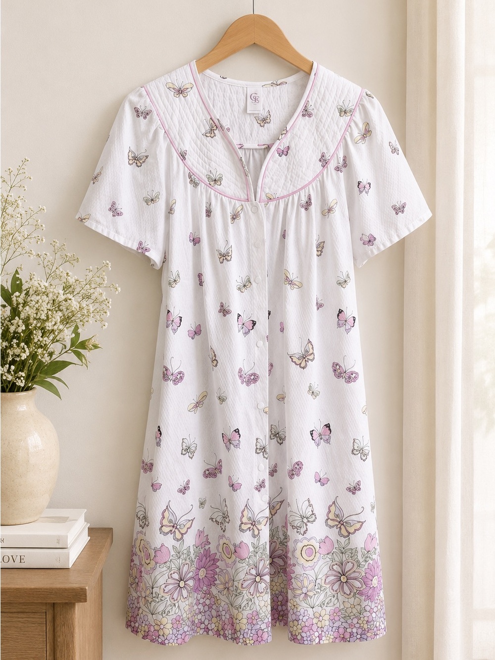 Butterfly Floral Snap Front House Coat Nightgown Grannycore Cottagecore Small